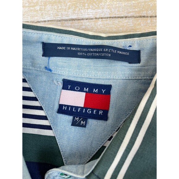 Vintage 90s Tommy Hilfiger Blue & Green Striped Mens Medium Shirt Button - Picture 3 of 9